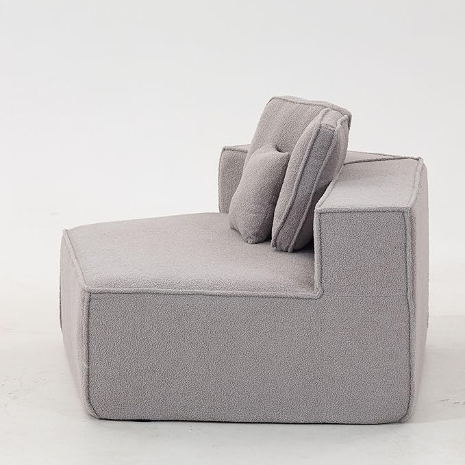 EPOFIT 1-Seater Teddy Fleece Modular Sofa Chair, Low-Profile Floor Seat with Wide Cushion and All-Foam Support, Right-Facing Design, Compressed Packaging – Grey