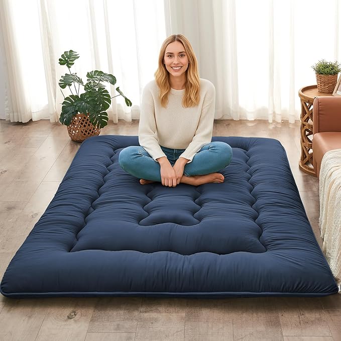 DAICO Japanese Floor Mattress, 4'' Thicken Futon Mattress Tatami Mat, Sleeping Pad Foldable Roll Up Mat for Camping and Guest Room, Queen Size 60''*80'', Navy