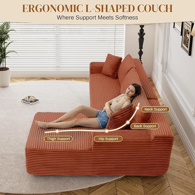 95" Boneless Cloud Sectional Couches for Living Room, Comfy Fluffy L Shaped Memory Foam Deep Seat Boneless Couch, Modular Sectional Sofa with Left Facing Chaise, Orange