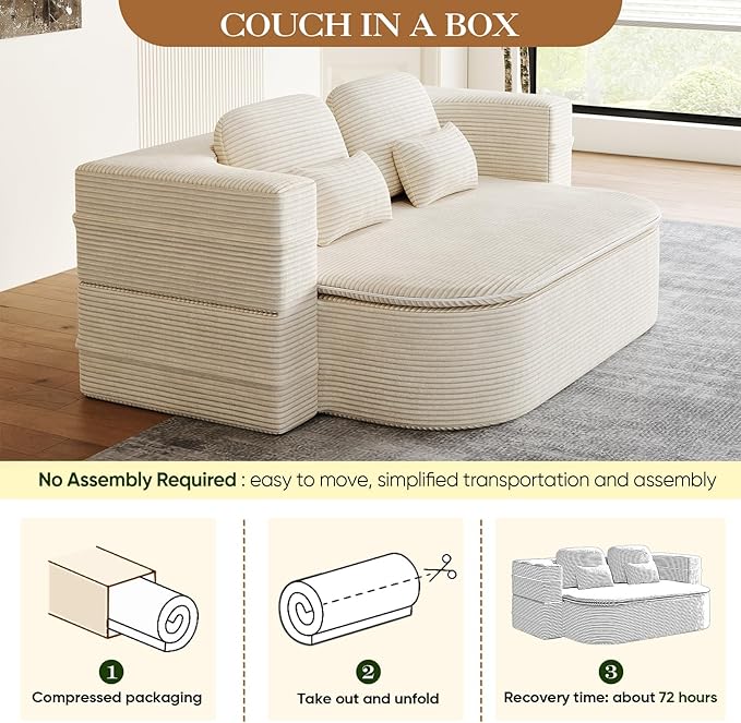 Antetek Convertible Sleeper Sofa, Modern Folding Futon Corduroy Floor Foam Compression Loveseat Sofa Bed Couch, Foldable Full Size Guest Bed with 4 Pillows for Living Room Bedroom Apartment, Beige