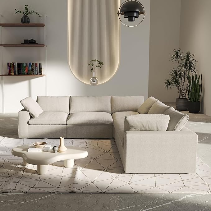 V-Shaped Cloud Sectional Couch, Modular Sectional Sofa, Modern Comfy Cloud Sofa, Covers Removable, Convertible Sleeper Couch for Living Room Apartment (Khaki, Linen Fabric)