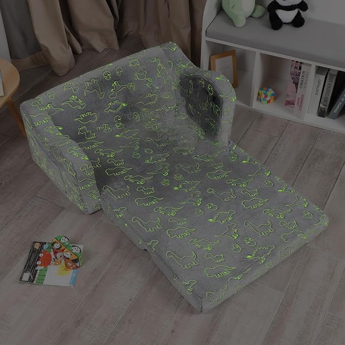 Kids Sofa, 2-in-1 Flip-Out Foam Couch with Soft Sherpa Cover, Cozy Play Lounge Chair, Extra Wide, Glow in The Dark Grey