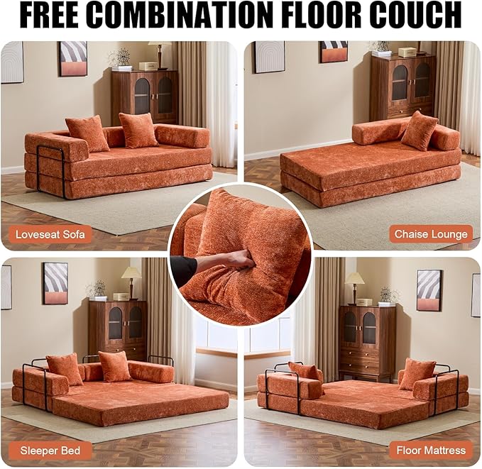 77" Convertible Foldable Floor Couch, 3-Seat Futon Sleeper Sofa for Living Room, Bedroom, or Apartment, with Pillow Backrest and Armrests, Chenille Fabric, No Assembly Required, Orange