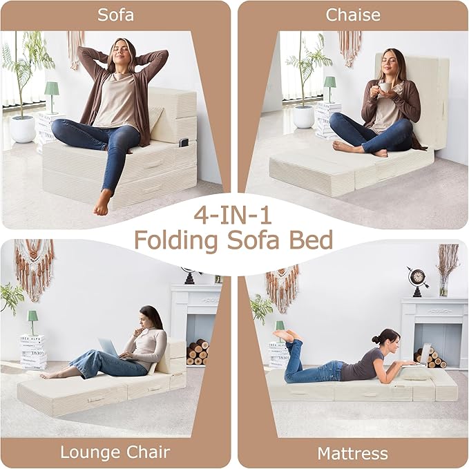 HILERO Folding Sofa Bed, 4 in 1 Convertible Sleeper Chair with Pillow, Single Memory Foam Fold Out Chair Bed, Modern Floor Futon Sofa Couch Mattress for Living Room/Guest/Apartment,Beige