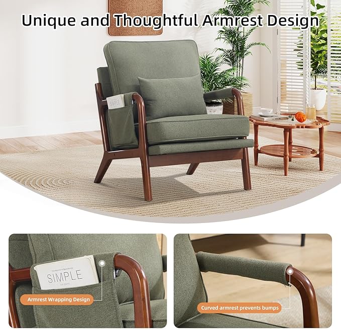 CANMOV Accent Chairs Set of 2, Mid Century Modern Chair with Extra Side Storage Pocket Upholstered Reading Armchair with Waist Cushion, Accent Chair for Living Room Bedroom, Easy Assembly, Green