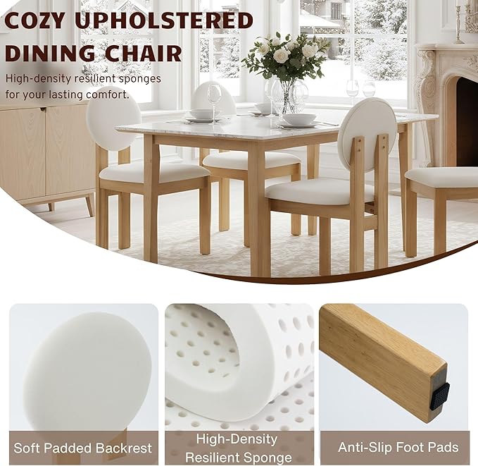 Wahson Modern Wood Dining Chairs Set of 2, Farmhouse Beige Linen Kitchen Chairs with Round Back and Wooden Legs, Mid-Century Armless Upholstered Accent Chairs for Dining Room/Living Room/Restaurant