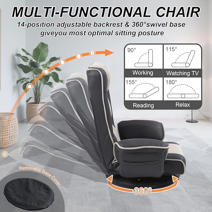 Linen Fabric Ergonomic Gaming Chair, 6-Position Reclining Sofa Bed with Lumbar Support, Foldable Floor Lounger with Thick Cushion, Armrests & Side Pockets for Esports, Reading, Napping (Grey + Beige)