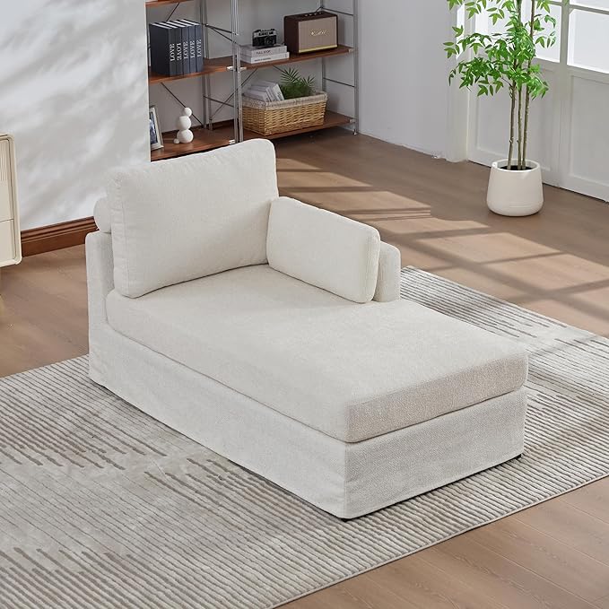 KEIKI 60" Chaise Lounge Chair Indoor, Modern Deep Seat Sofa Bed, Corduroy Couch with Cushions, Single Sleeper Chair for Living Room, Bedroom, Apartments, Ivory (Right Side)