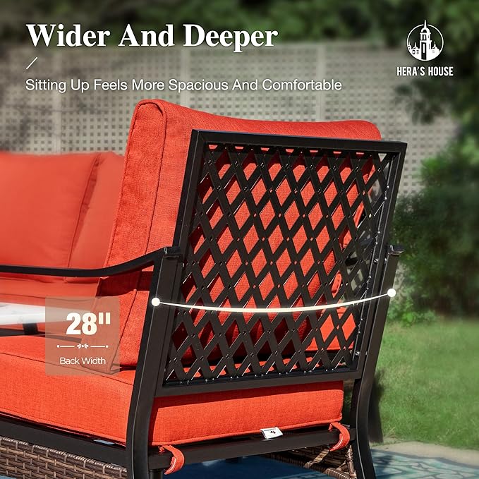 HERA'S HOUSE 4 Piece Metal Patio Furniture Set, All Weather Outdoor Conversation Set with 3 Seat Sofa, 2 Swivel Chairs & Coffee Table, Seats 5 for Backyard, Garden, Deck, Red