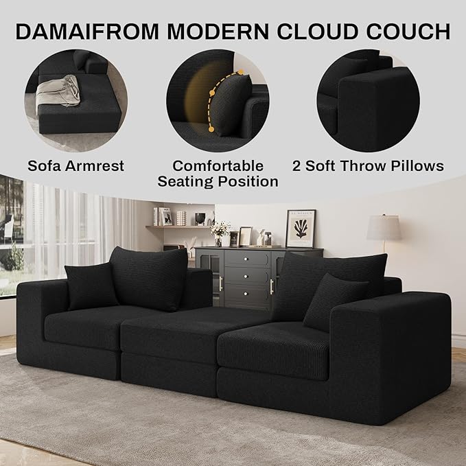 DAMAIFROM 80" Convertible Sleeper Sofa Bed with Soft Pillow, Corduroy Folding Mattress Couch with L-Shape Chaise, Modular Floor Sofa Lounge Couch for Living Room Bedroom Lounge (Black)