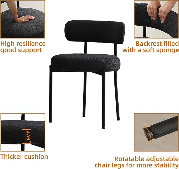 DYHOME Black Dining Chair One Chair for Kitchen Dining Room,Upholstered Boucle Dining Chair with Black Metal Legs,Curved Backrest Modern Dining Room Chair