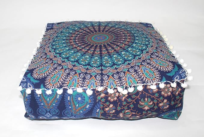 CRAFT KALA Blue Peacock Large Hippie Mandala Meditation Floor Ottoman Pillow Cushion Pouf Cover Square Poufs Bohemian Circle Floor Cushion Case Outdoor Fireplace Living Room Decor Cover 16" Square