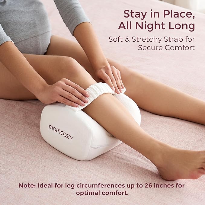Momcozy Knee Pillow for Side Sleepers, Soft Memory Foam Support Spine Alignment Pregnancy Leg Pillow for HIPS, Back, Sciatica Pain, Fixed Strap for Moving, Wider Contact Even Pressure