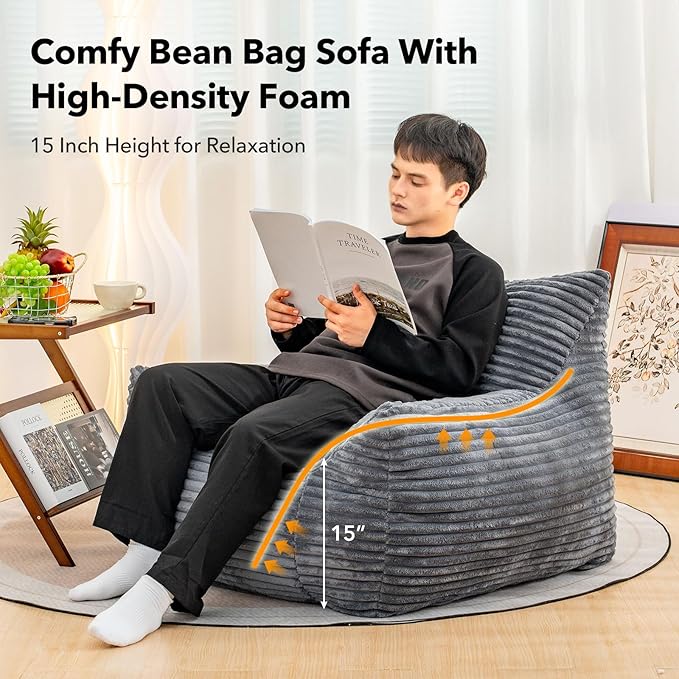 Giant Bean Bag Chair for Adults, Corduroy Upholstered Beanbag Chair with Side Pocket, Comfy Bean Bag Sofa with Portable Handle, Floor Sofa Chair for Bedroom (Grey)