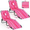 GYMAX Tanning Chair, 350lbs Beach Lounge Chair with Face Hole, Washable Pillow & Carry Strap, Adjustable Folding Chaise Lounge, Layout Lounger for Outside, Patio, Poolside, Lawn (2, Pink Stripe)