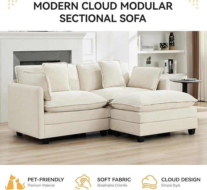 76'' Cloud Deep Seat Loveseat Sofa, Chenille Modular 2-Seat Sectional Couch with Movable Ottoman, Modern Comfy Settee Couches for Living Room & Small Apartment, Beige