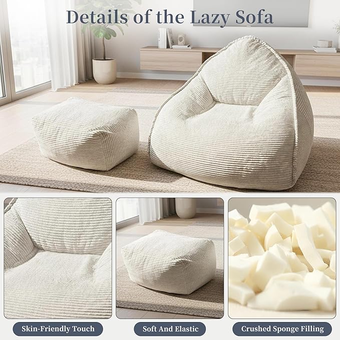 Ultra Soft Bean Bag Chair for Adults with Ottoman, Oversized Floor Sofa for Living Room, Gaming, Lounging, Napping (Off-White)