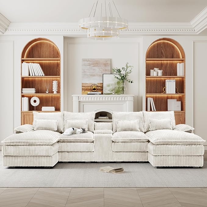 HYJT-H&K 124" U Shaped Cloud Couch Sectional, Comfy Plush Fluffy Corduroy White Sectional Couches for Living Room, Modern Modular Corduroy Couch Sectionals with Central Console & Double Chaise