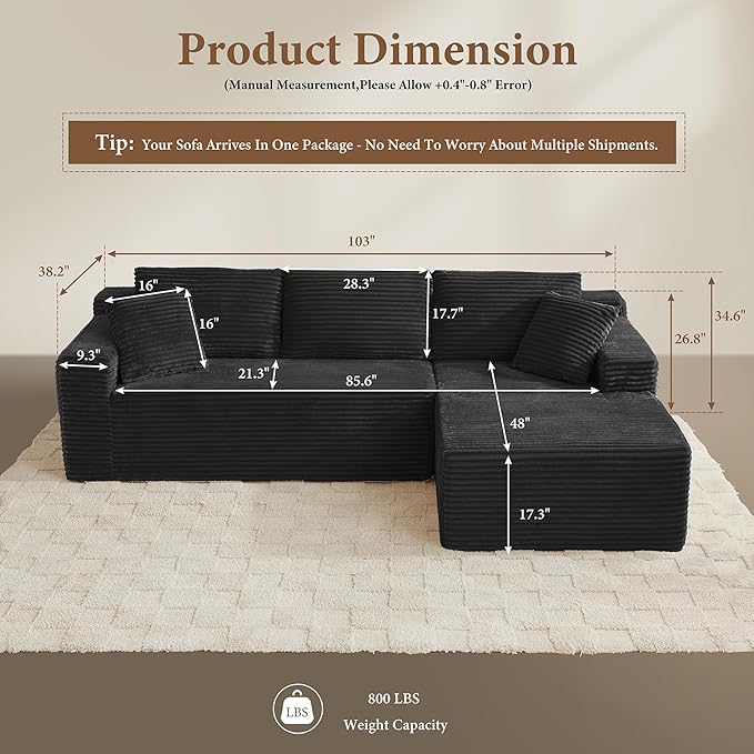 105" Sectional Couches for Living Room Cloud Couch Sofa with L-Shape Upholstered Boneless Couchs Modern Modular Sectional Couch with Chaise (Black, 105" W+Right Facing Chaise+2Seaters)