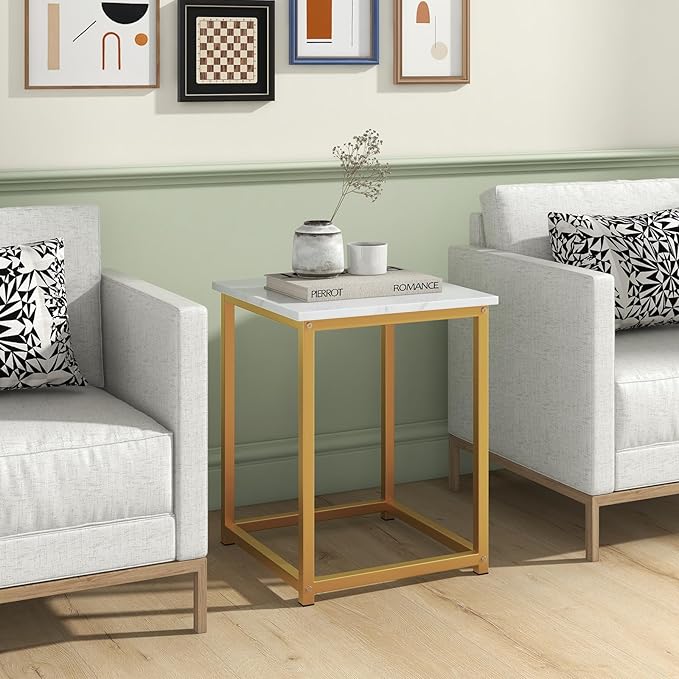 Giantex Round Nesting Table Set of 3, Modern Faux Marble Coffee Table w/2 End Tables, Sturdy Metal Frame, 3-Piece Wooden Living Room Table Set for Home Office, Apartment (White & Gold)