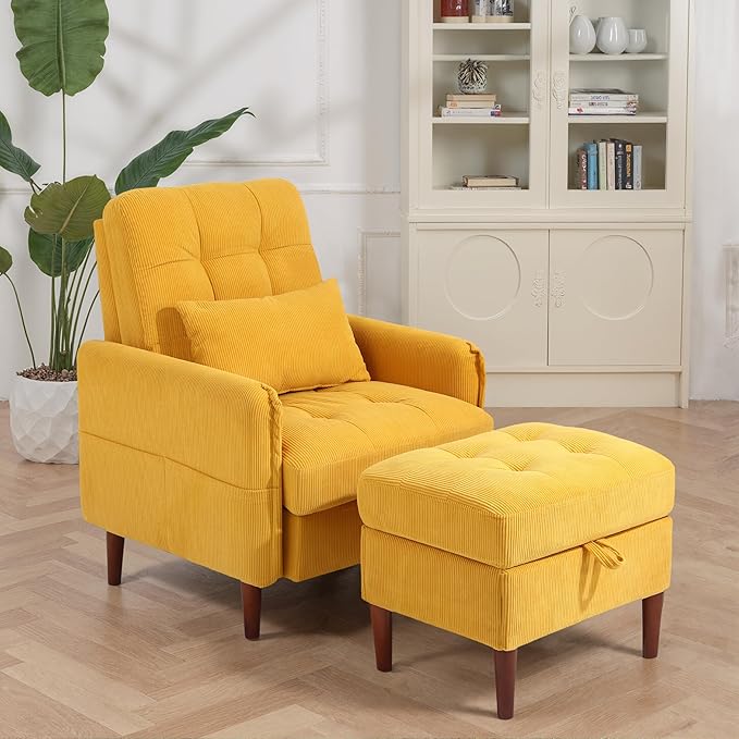 Lumibee Accent Chair with Storage Ottoman, Upholstered Comfy Reading Chair with Adjustable Reclining Backrest, Corduroy Fabric Lounge Chair Armchair for Living Room Bedroom, Set of 2, Orange