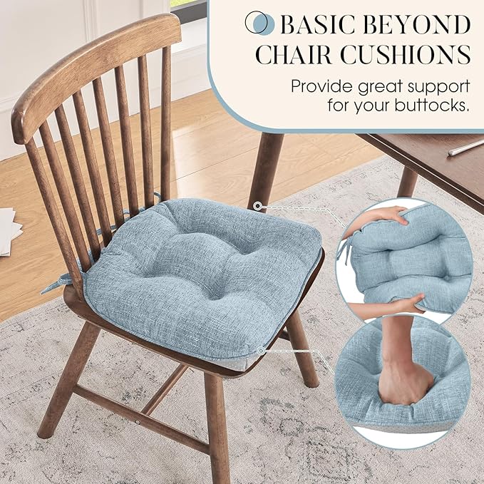 Basic Beyond Chair Cushions for Dining Chairs 4 Pack, Chair Cushion with Ties and Non Slip Backing, 15.5 x 15.5 inches Tufted Chair Pads for Dining Chairs(Baby Blue)