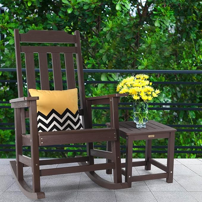 hOmeQomi Rocking Chair, All Weather Resistant Poly Lumber Outdoor Porch Rocker, Rocking Chairs for Outdoor, Indoor, Patio, Deck, Garden, Backyard, Load Bearing 380 lbs - Brown