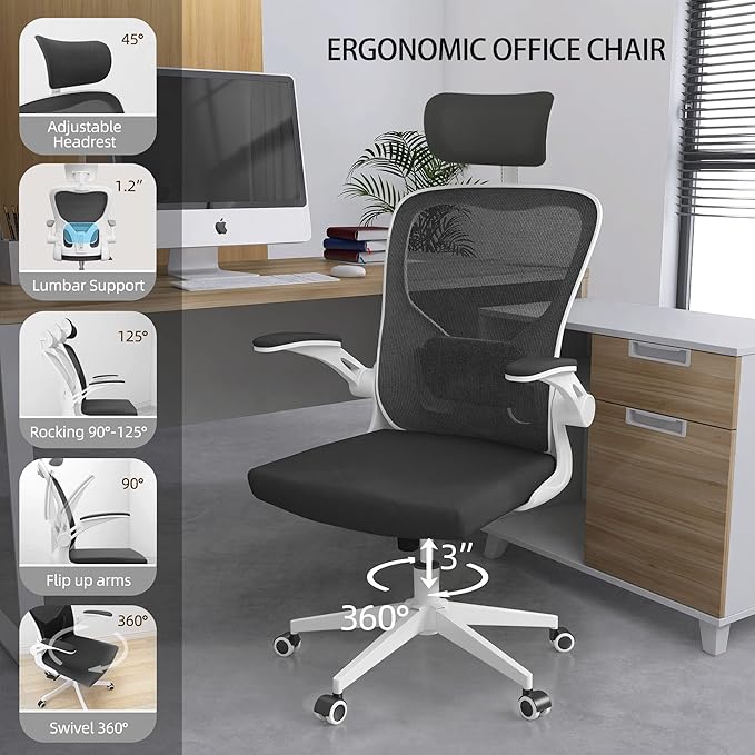 Office Chair Ergonomic Desk Chair with Lumbar Support&Headrest&Flip-up Arms Height Adjustable Rocking Swivel High Computer Chair Multi-Angle from 90° to 125° with 350LBS Capacity (03White+Black)