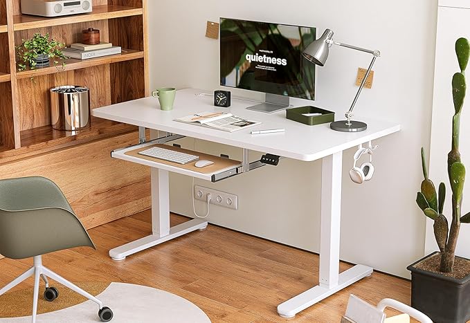 FEZIBO Standing Desk with Keyboard Tray, 48 x 24 Inch Adjustable Height Sit Stand Desk with Memory Presets for Home Office, Ergonomic Computer Workstation, White