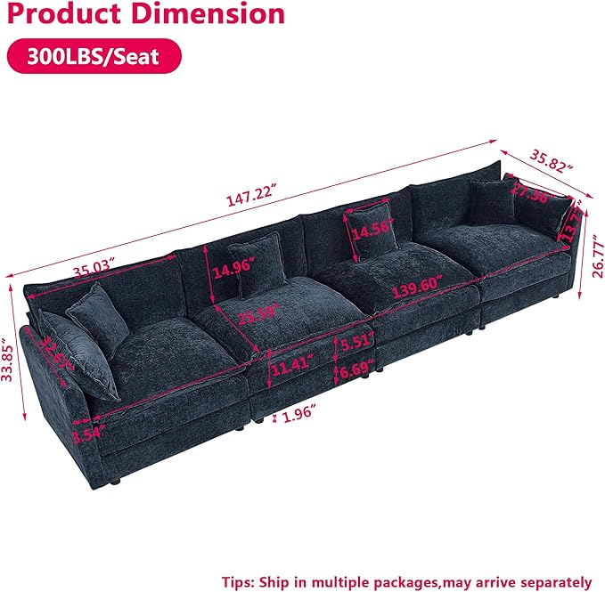 Aoowow Modular Sectional Sofa,147.2 Inch Deep 4-Seater Sofas Comfy Chenille Cloud Sofas and Couches with Pillows for Living Room Apartment（Blue）
