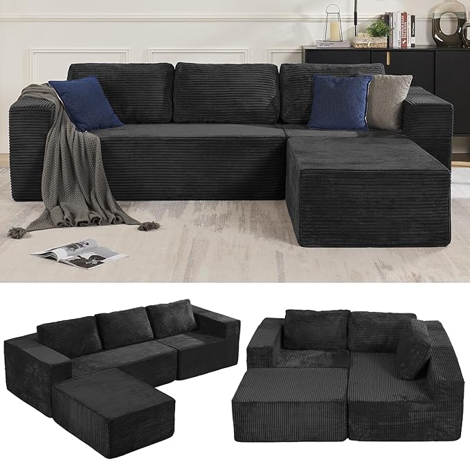 Furnify 106" Modular Sectional Sofa with L-Shape Chaise, Right/Left Facing Deep Seat Cloud Couch, No Assembly Required, Upholstered Couch for Living Room Bedroom (Plush Corduroy Fabric, Black)