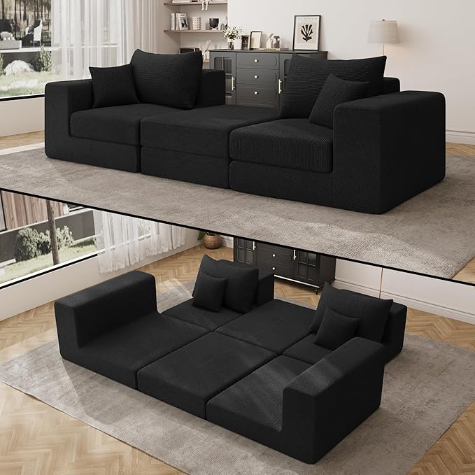 DAMAIFROM 80" Convertible Sleeper Sofa Bed with Soft Pillow, Corduroy Folding Mattress Couch with L-Shape Chaise, Modular Floor Sofa Lounge Couch for Living Room Bedroom Lounge (Black)
