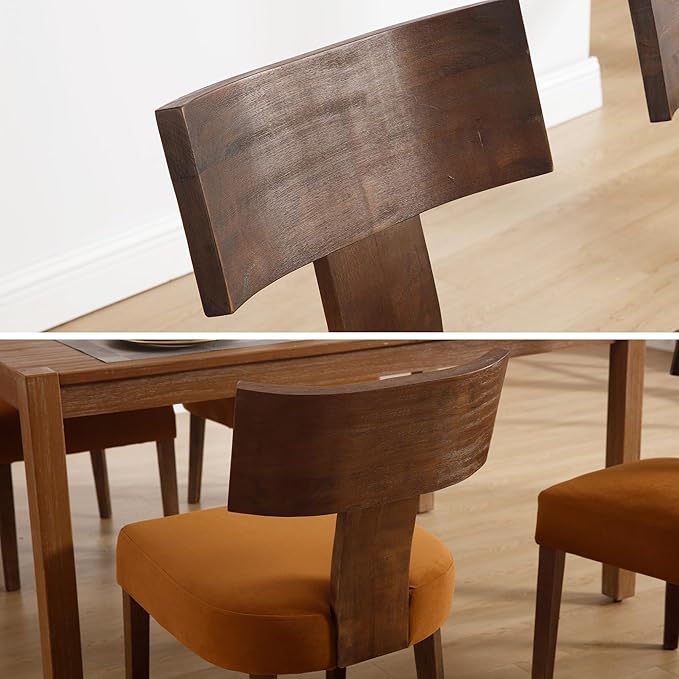 DM Furniture Velvet Dining Room Chairs Set of 2, Mid Century Modern Armless Side Chair with Solid Wood Legs and Curved Backrest for Living Space, Brown