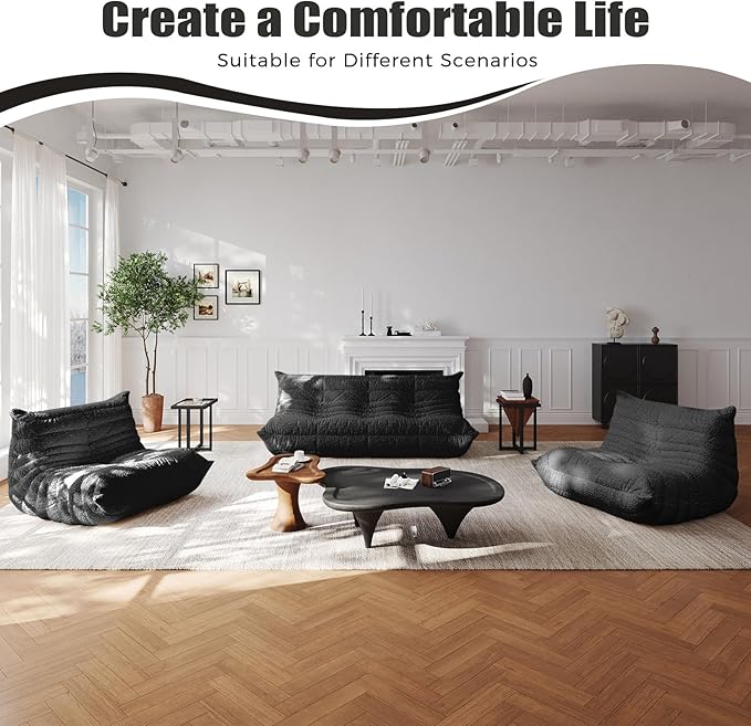 Selyteramy Bean Bag Chairs for Adults, Giant Bean Bag Chair Sofa with Memory Foam, Comfy Beanbag Loveseat Lazy Sofa for Living Room, Bedroom, Apartment, Black