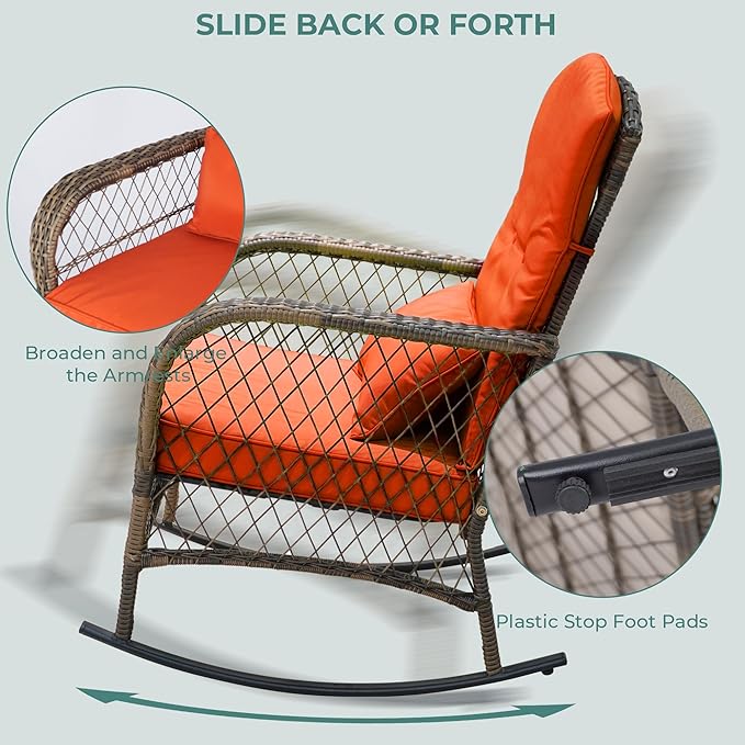 Sgentle 3 Piece Wicker Rocking Chairs, Outdoor Patio Rocking Chairs Set of 2 with Side Table, All-Weather Outdoor Rattan Rocking Chair with Cushions & Frame for Lawn Porch Garden (Red, Style 4)