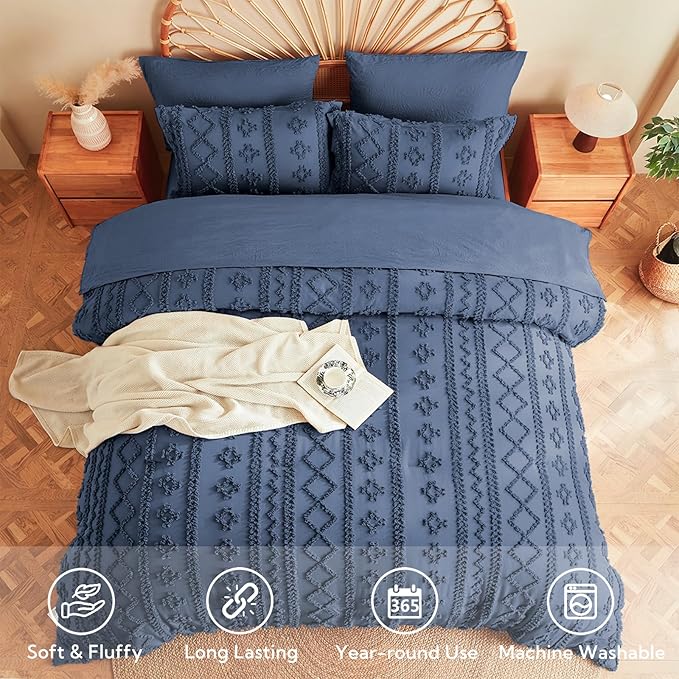 MR&HM King Size Comforter Set Navy Blue, 7 Pieces Tufted Boho Beddding Sets, Farmhouse Style Bed in a Bag with 1 Comforter, 2 Pillow Shams, 2 Pillowcases, 1 Flat Sheet, 1 Fitted Sheet
