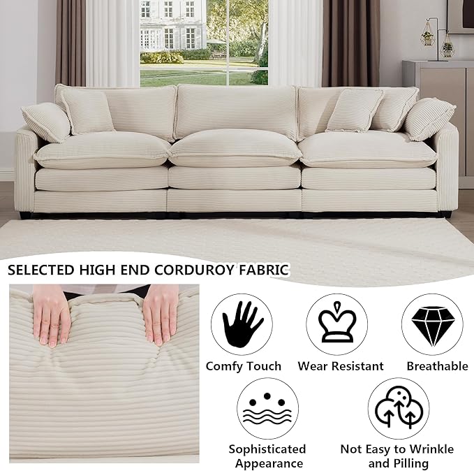 Aoowow Corduroy 3 Seater Sofa Couch,Modern Large Cloud Couches for Living Room,Modular Sectional Cloud Sofas with Deep Seat,Oversized Tufted 3 Seat Sofa Set. (Beige, 3 Seater)