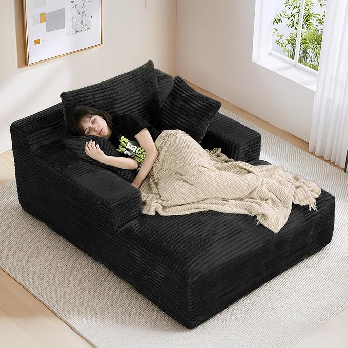 50"W x 68"D Oversized Chaise Lounge Chair Indoor Boneless Reading Chair Plush Corduroy Recliner Large Deep Seat Upholstered Sleeper Comfy Sofa Bed Couch with 3 Pillows for Living Room Bedroom, Black