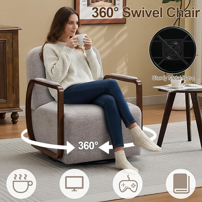 CACFTII 32" Chenille Upholstered Swivel Accent Chairs Set of 2, 360° Rotating Metal Base Modern Lounge Chair with Wooden Armrests for Living Room Bedroom, Brown