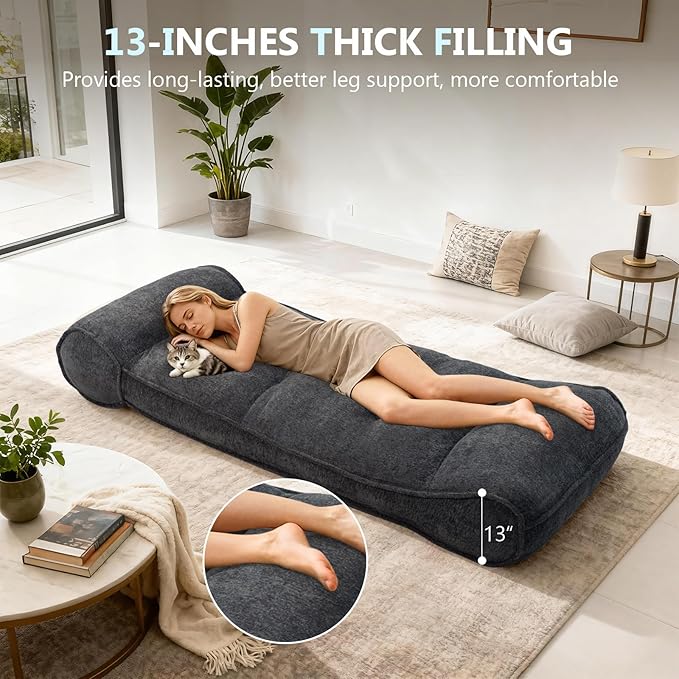 Dineli 83'' Lazy Floor Lounger Meditation & Yoga Chair Couch Recliner Sofa Bed Floor Seat for Adults Indoor Reclining Chairs Bed Comfy Chair Couch for Bedroom Living Room, Black