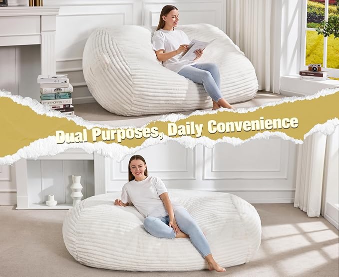 Hobestluk 5FT Bean Bag Chairs Adult Bean Bag with Portable Handle Comfy Large Bean Bag Lounge Chair with Removable Cover for Living Room Bedroom (Stripe White, 5FT)