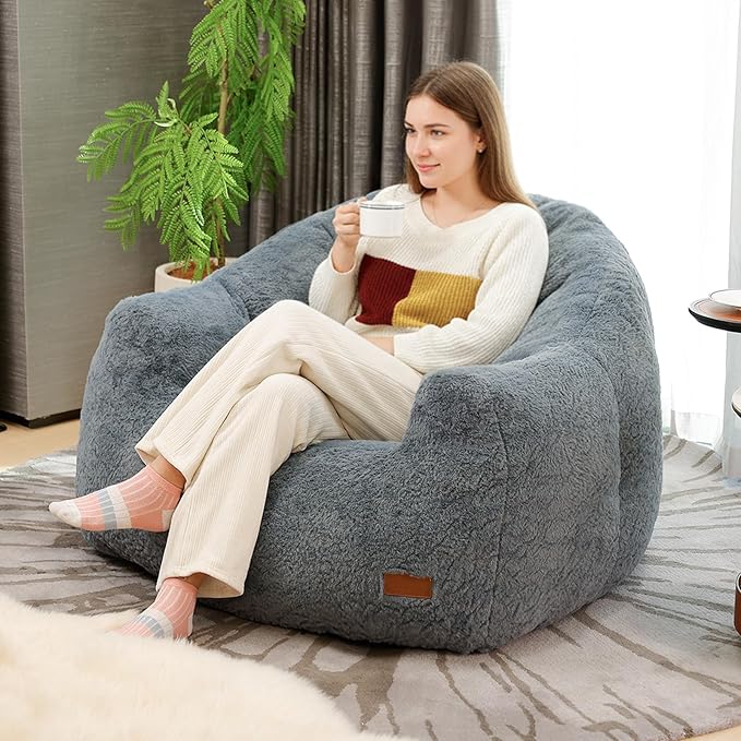Big Bean Bag Chairs for Adults Giant Sofa with Faux Fur Shell-Shaped Beanbag Couch, Stuffed Large Bean Bag Floor Chair for Living Room, Beanbags Reading Chair for Bedroom Single Sofa(L-Blue)