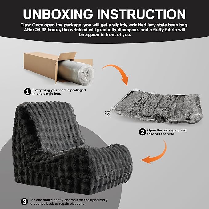 Bean Bag Chair for Adults, Giant Beanbag Lounger with Plush Faux Fur, Comfy Memory Foam Chair Floor Lazy Chair for Living Room Bedroom Dorm Apartment Reading Nook，Dark Grey