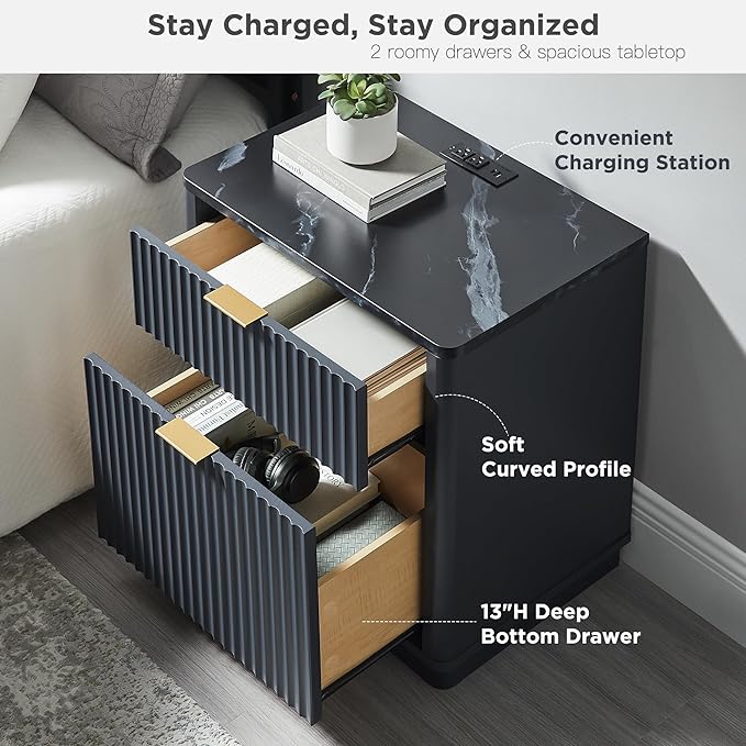 T4TREAM 23'' Fluted Nightstand with Charging Station, Large 2 Drawer Bedside Table, Modern End Table with Storage, Mid Century Night Stand for Bedroom, Living Room, Curved Profile, Dark Grey