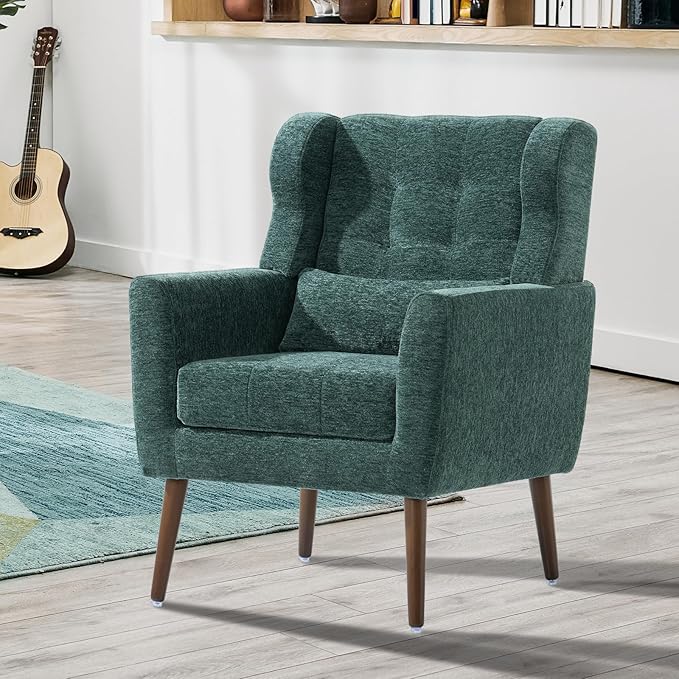 QKFF Modern Accent Chair, Upholstered Armchair with Pillow, Fabric Single Sofa Chair with Lounge Seat and Wood Legs Accent Chair for Living Room Bedroom Small Spaces (Blackish Green)