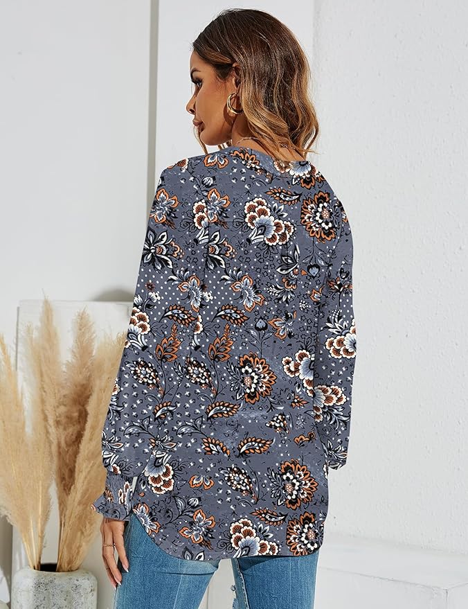 Romanstii Women's Casual V-Neck T-Shirts Loose Puff Long Sleeve Tops Tunic Blouses