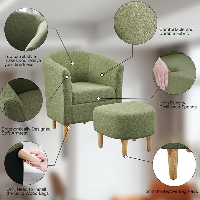 DAZONE Mid Century Modern Chair, Accent Chair Barrel with Ottoman Comfy Arm Footrest Set Comfortable Living Room Chairs Upholstered Round Club Tub Sofa for Bedroom Reading Green, Set of 1