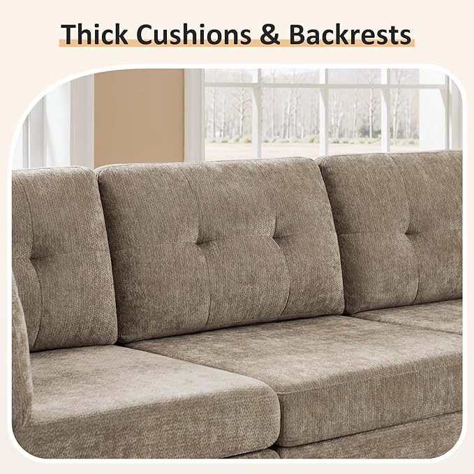 VANOMi 4 Seater Modular Cloud Sofa with 2 Ottomans, 118" Sectional Sofas & Couches for Living Room, Comfy Chenille Cloud Sectional Couch Sofas for Living Room, Apartment, Office, Camel, U Shaped
