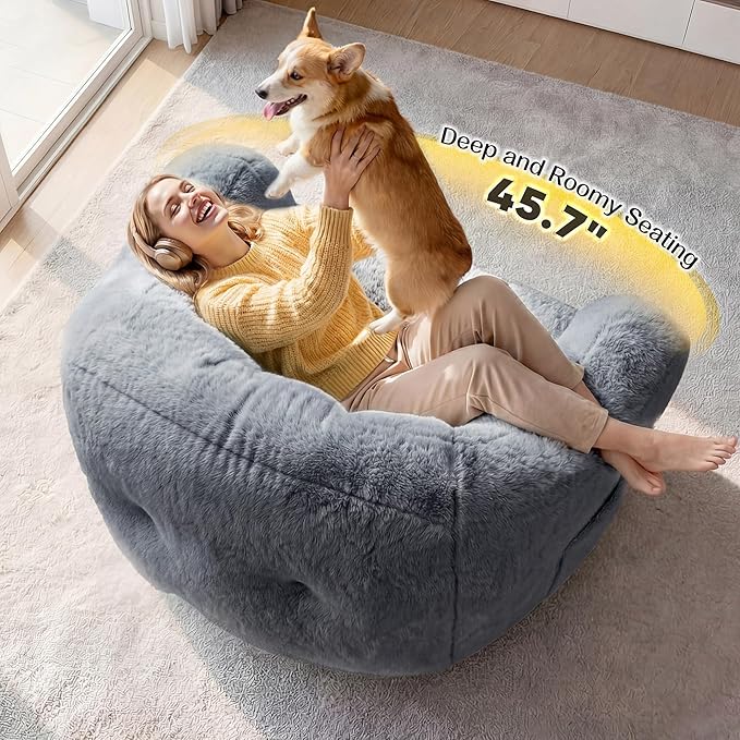 Homkdom Bean Bag Chair, Giant Bean Bag Chairs for Adults, Shell-Shaped Bean Bag Couch with Armrests & Side Pockets, Comfy Beanbag Lazy Couch Reading Chair for Bedroom, Living Room, Bluegrey