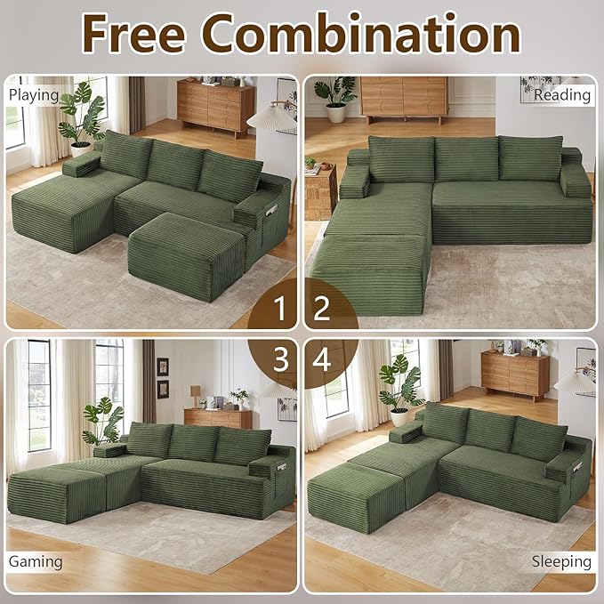 96" U-Shape Cloud Couch, Modern Modular Sectional L-Shape Sofa with Ottoman, Corduroy Upholstered Couches Deep Seat Sleeper Chaise Longue for Living Room, No Assembly Required(Green, Left Facing)